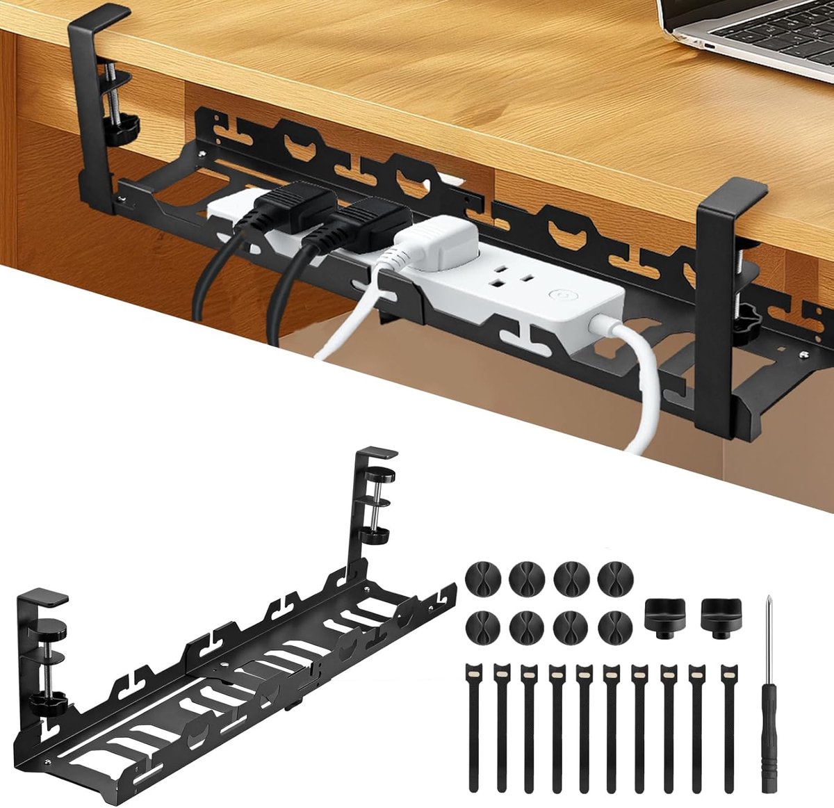 SnelShoppen - Kabelmanagement Lade Onder Bureau Zonder Boren - 15.7-29.2 inch Retractable Kabel Organizer - Onder-Bureau Kabelbak met 10 Ritsbandjes e