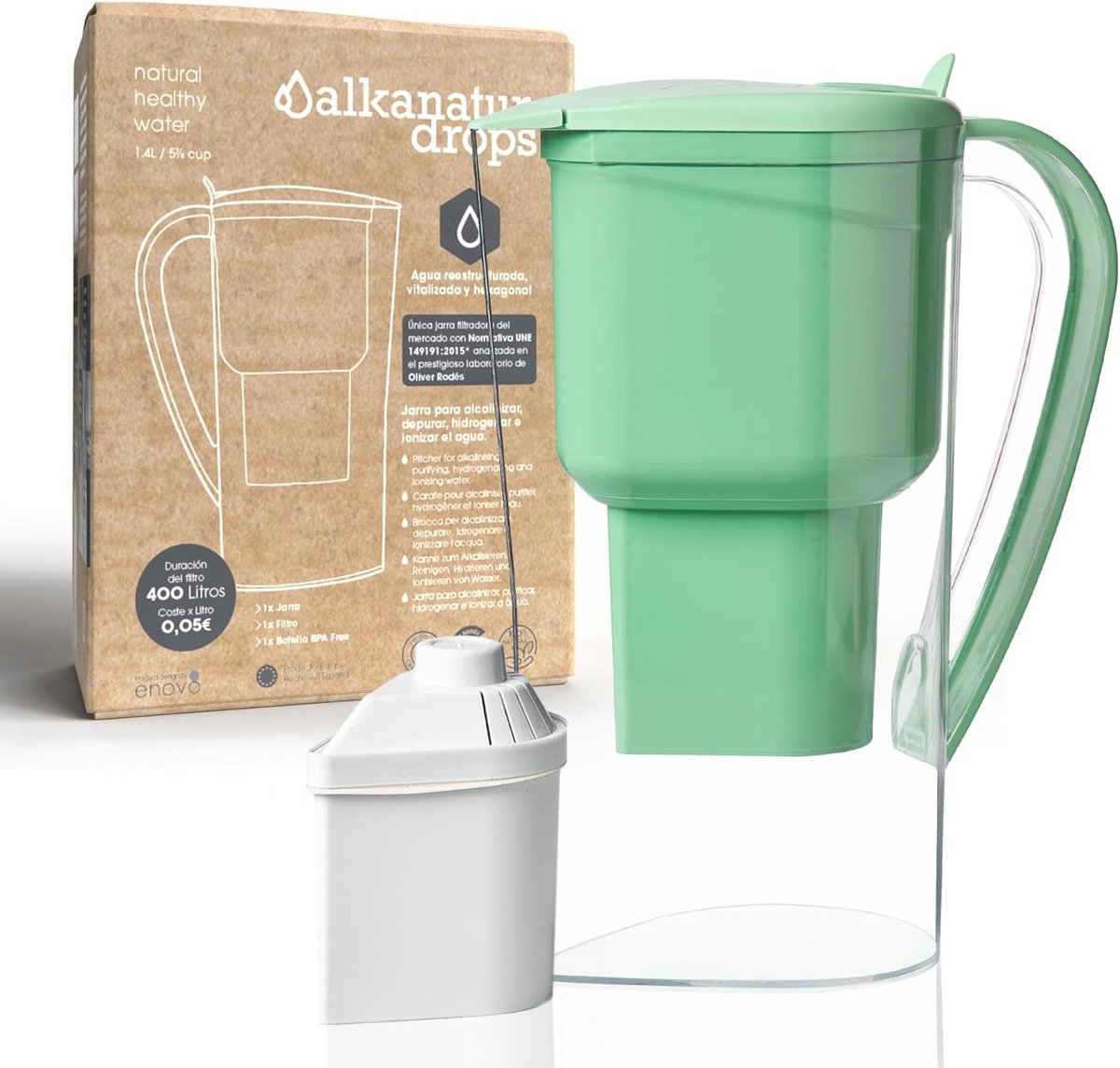 SnelShoppen - Waterfilterkan Groen 1,4L voor Leidingwater, pH 9, BPA-vrij, Ideaal voor Keuken, Camping, Gezondheid, Drinkwater, Milieuvriendelijk