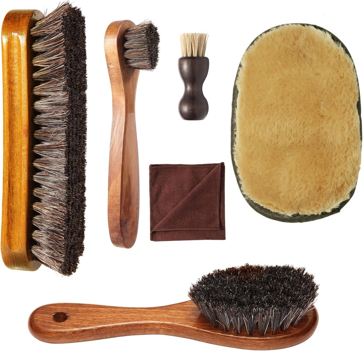 SnelShoppen - 6PCS Schoenpoets Set - Paardenhaar Borstel voor Schoen Glans, 4 Stuks Applicator Borstels + 1 Stuk Schoenpoets Handschoen + 1 Stuk Micro