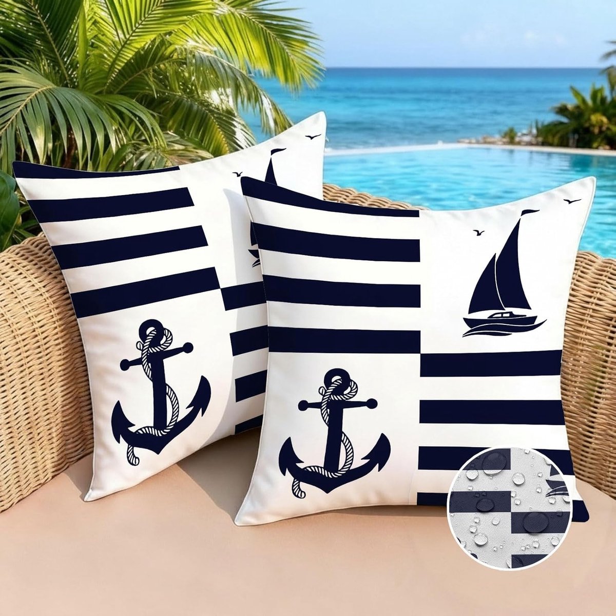 SnelShoppen - Set van 2 Waterdichte Kussenhoezen 40 x 40 cm voor Tuin, Buitengebruik, Polyester, Zee Blauw Gestreept, Decoratieve Kussens voor Bank en