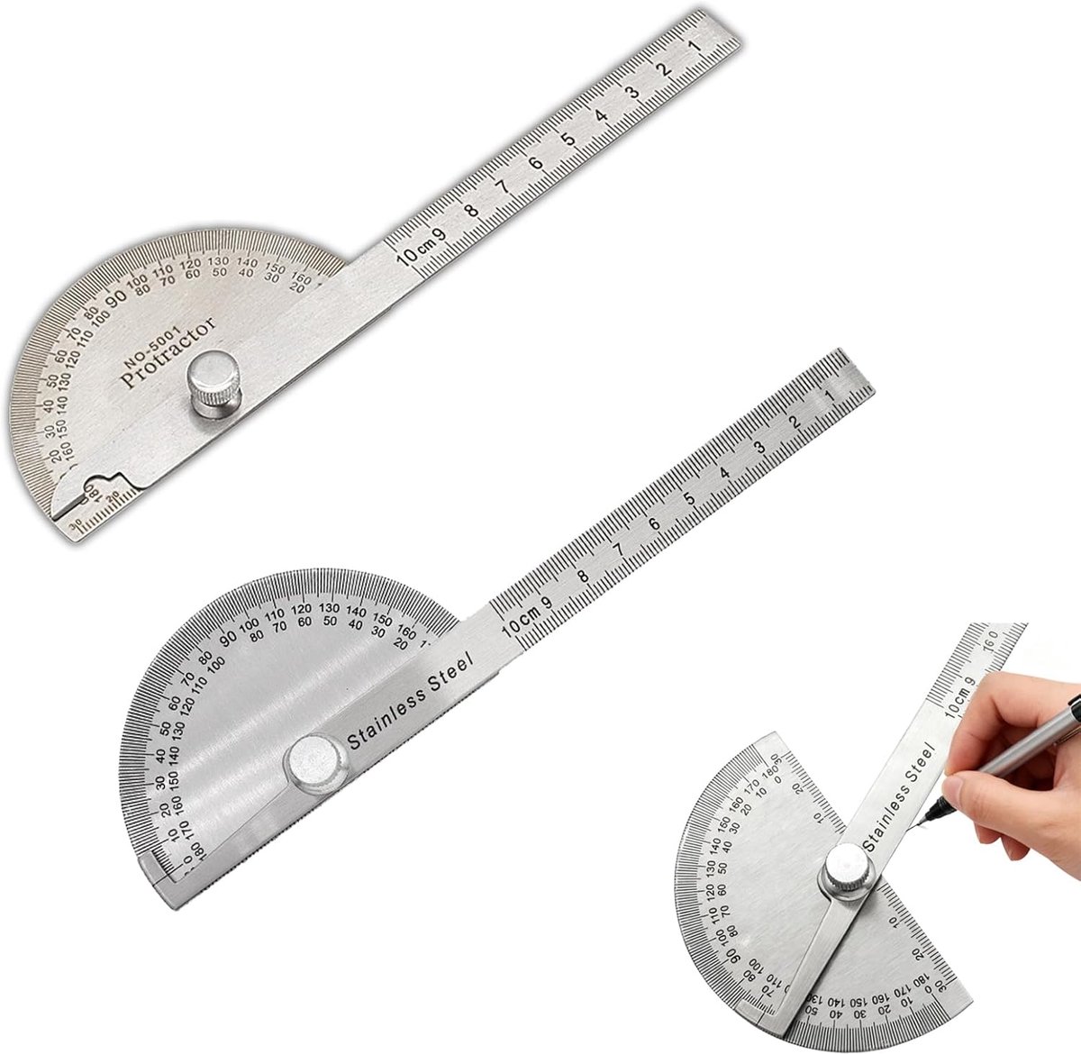 SnelShoppen - Hoekmeter Protractor 2 Stuks – RVS Liniaal met Verstelbare Arm – 180 Graden Meetinstrument – Zilver – Voor Houtbewerking, Bouw en Techni