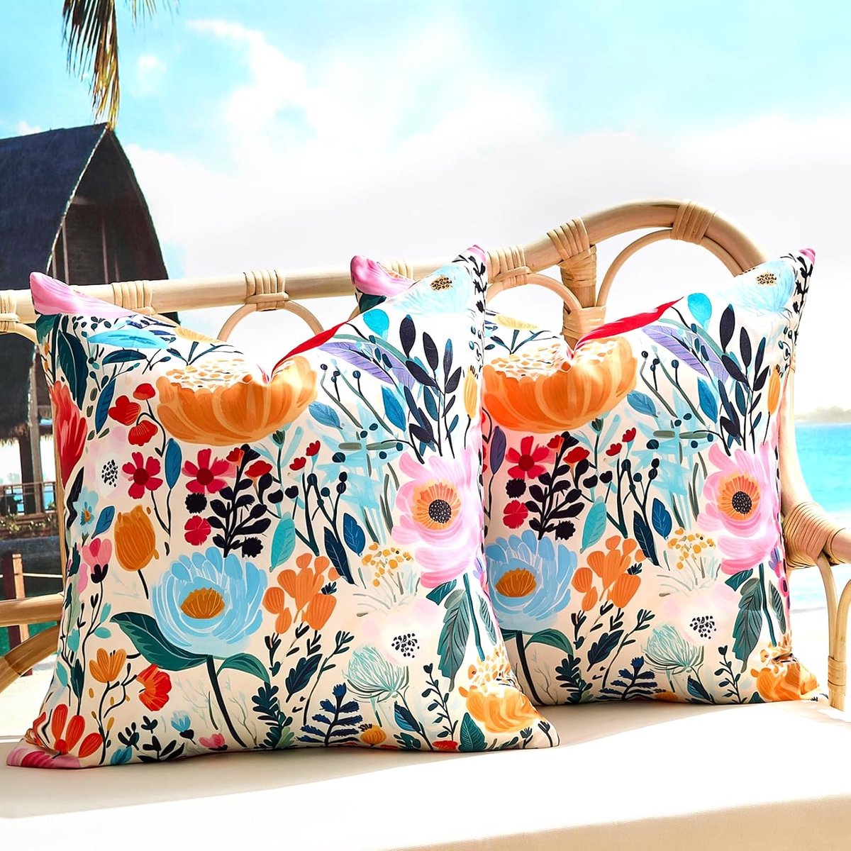 SnelShoppen - Set van 2 Waterdichte Buitenkussens 40x40 cm met Bloem Patroon in Blauw, Roze, Oranje en Rood - Ideaal voor Tuinmeubels, Terras en Zwemb
