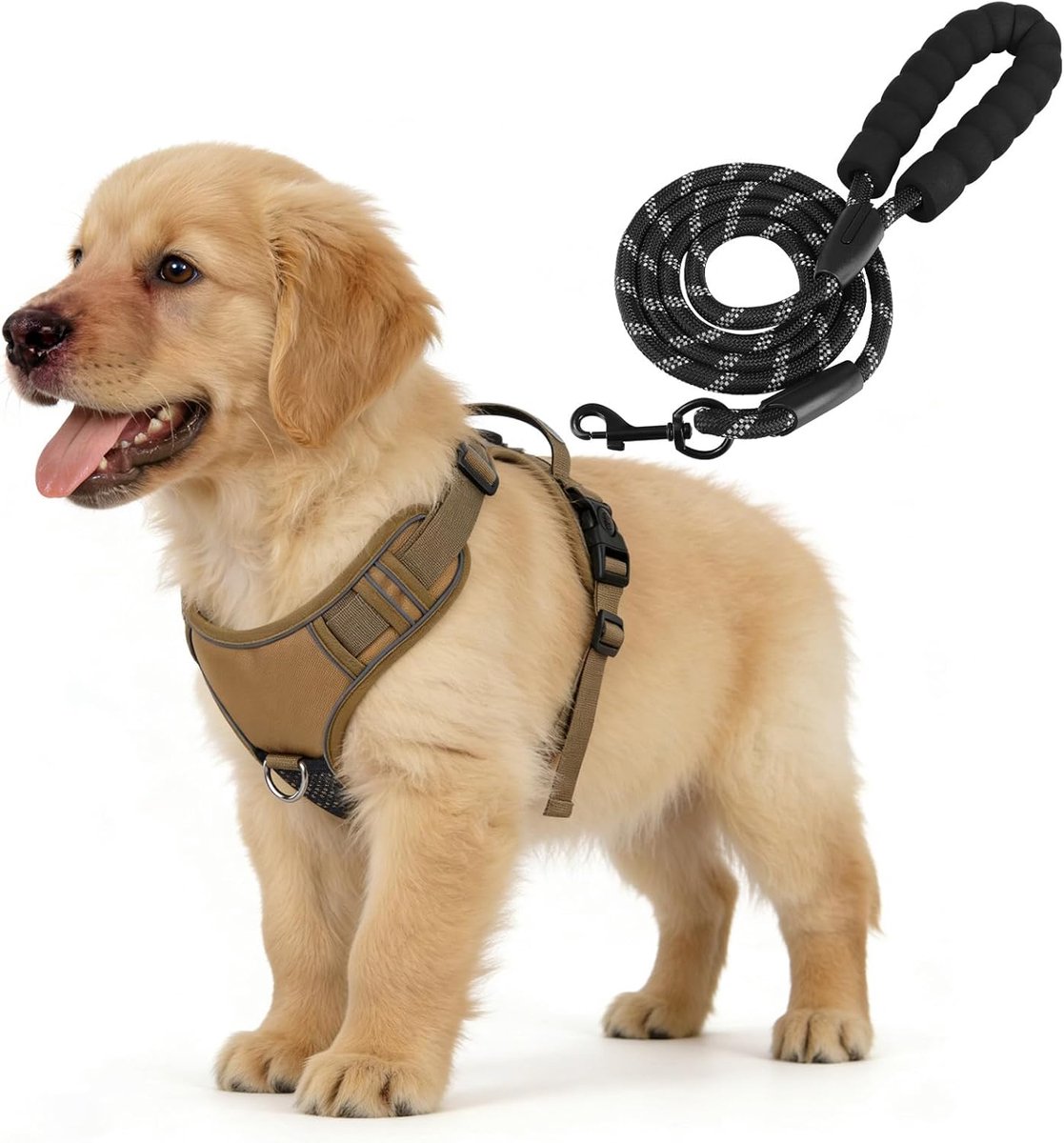 SnelShoppen - Hondentuigje voor Kleine Honden, Verstelbaar No Pull Borstharnas, Kaki met Reflecterende Strepen, Ademend, Inclusief 150 cm Riem en AirT