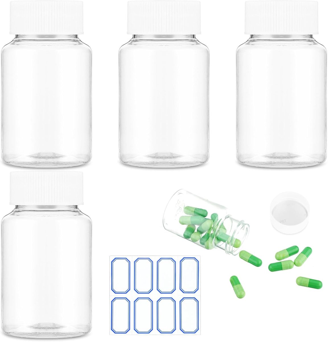 SnelShoppen - 4 Stuks Plastic Pillenflessen - 80ml Lege Medicijncontainers met Doppen voor Vloeistoffen, Vast, Poeder, Duidelijk, Opslagoplossing voor