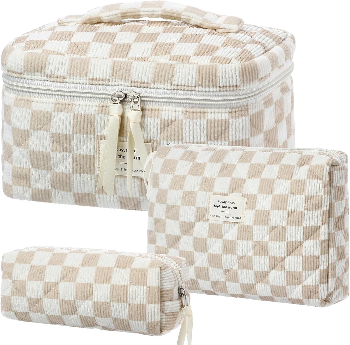 SnelShoppen - 3-delige Make-up Tas Set voor Vrouwen, Toilettas voor Reizen en Dagelijks Gebruik, Minimalistische Khaki Gekleed, Ideaal voor Schoonheid