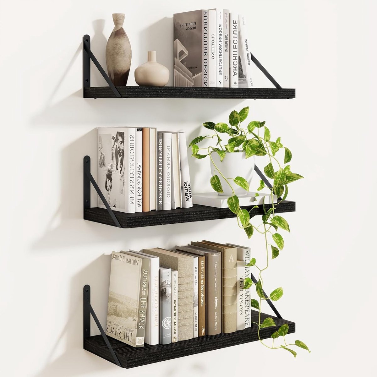 Zwevende Wandplanken Set van 3 met Beugels in Zwart - Ideaal voor Keuken, Badkamer en Slaapkamer - 40 x 15 cm Spaanplaat