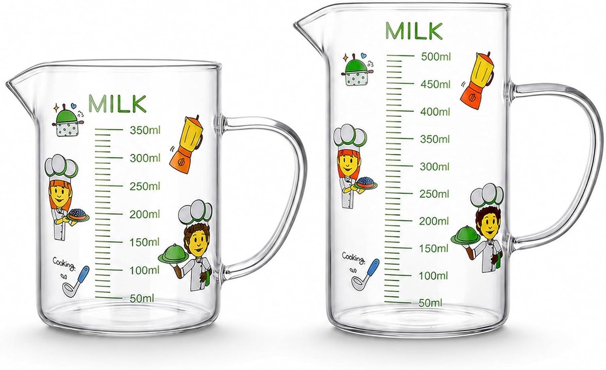SnelShoppen - Meetbeker Set Glas 350ml en 500ml - Glazen Maatbeker met ML Schaal en Cartoon Motief voor Bakken, Koken en Mixen - Keuken Accessoires