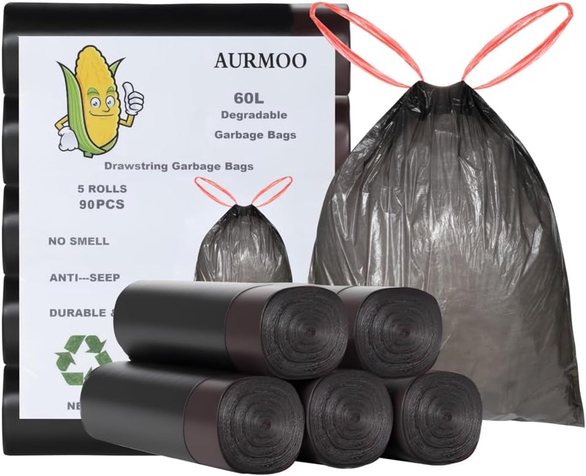 SnelShoppen - Biologisch Afbreekbare Vuilniszakken 60L met Trekkoord - 90 Stuks - Organische Afvalzakken voor Keuken en Tuin - Zwart - Geschikt voor O