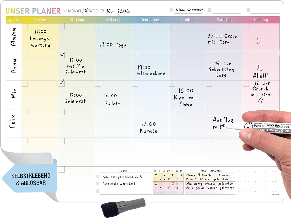 SnelShoppen - TOBJA Wipe off maandplanner A3 - Zelfklevende weekplanner voor muur, koelkast en deur - Whiteboard planner family calendar met 1 pen