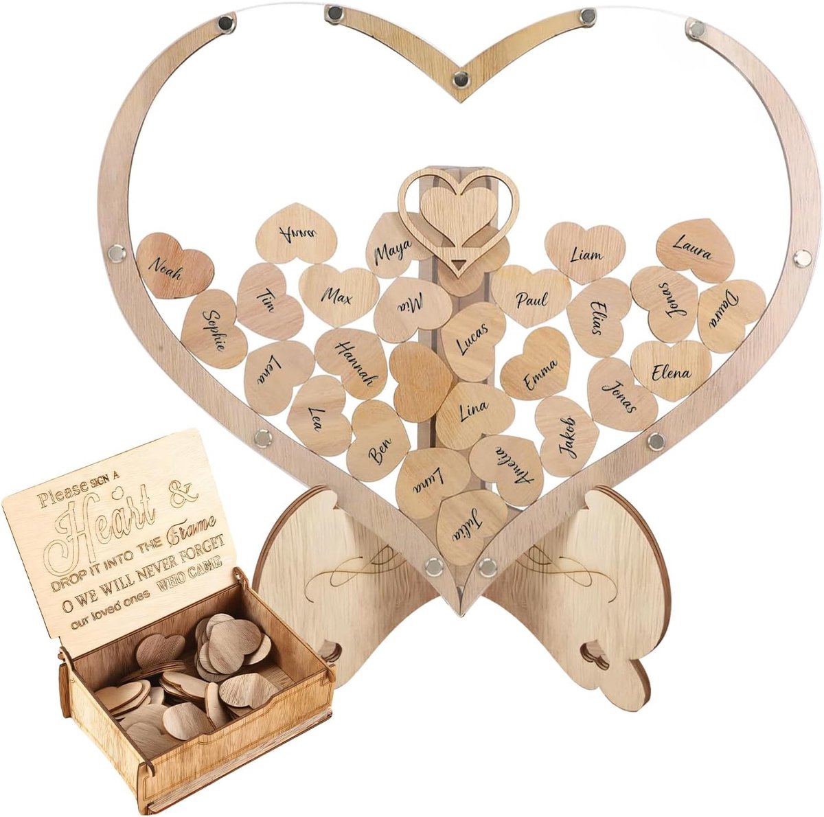 SnelShoppen - Gastenboek Bruiloft Hout Blanco Gepersonaliseerd met 100 Houten Hartjes - Rustiek Gastenboek voor Huwelijksfeesten, Verjaardagen en Jubi