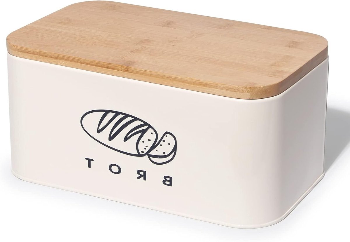 Ruimtebesparende Retro Brooddoos met Ecologische Bamboe Deksel en Snijplank, 30 cm x 18 cm x 14 cm, Beige, Ideaal voor Vers Brood en Keukenorganisatie