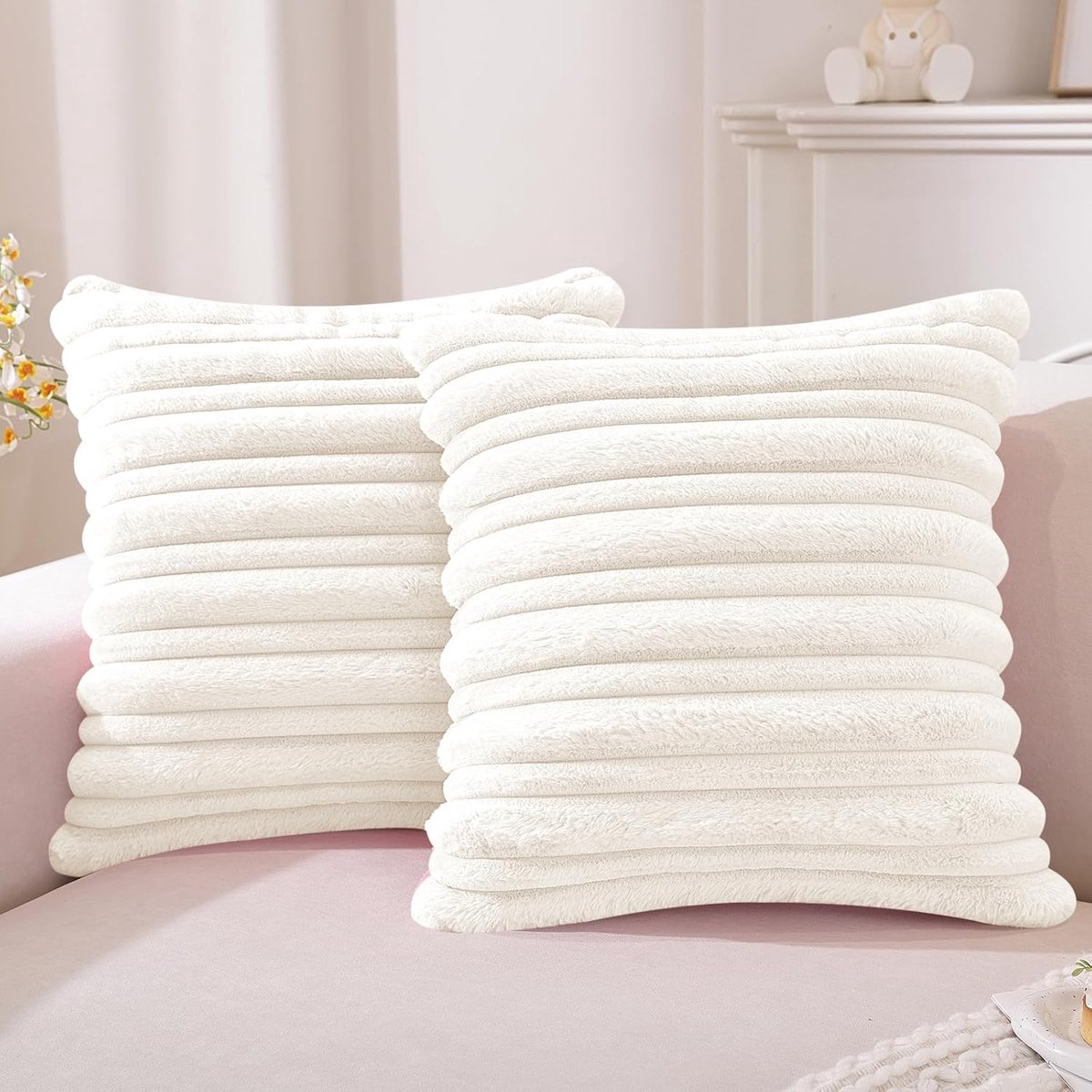 SnelShoppen - Velvet Kussenhoezen Set van 2 Stuks 45x45 cm - Decoratieve Fluffy Vierkante Pillowcases met Rits - Witte Striped Kussens voor Slaapkamer