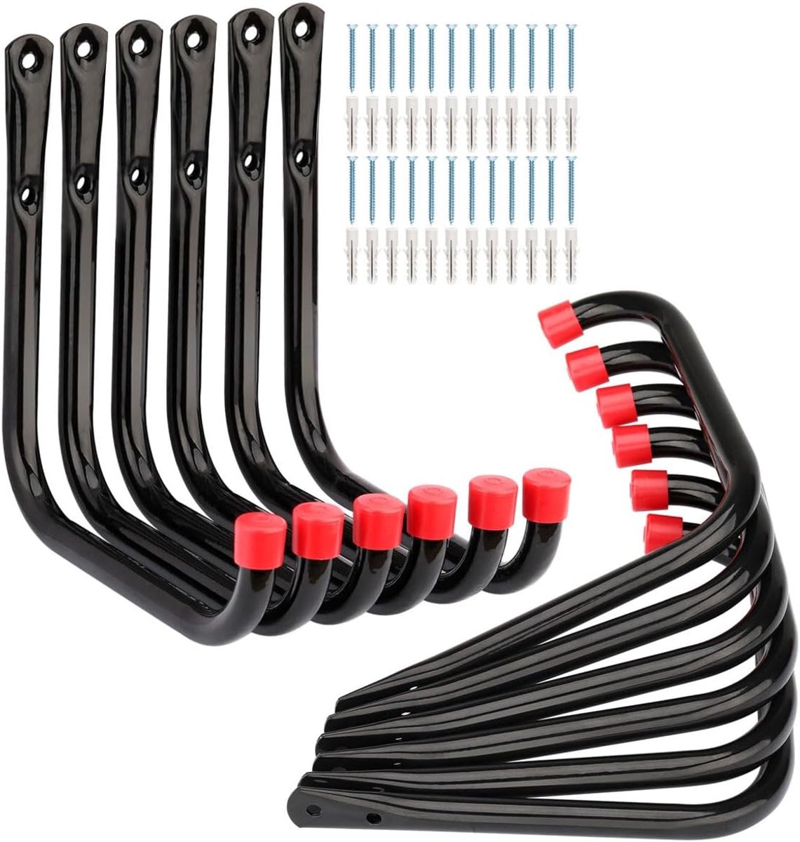 Thijox - Garage opslag ladder haak 12 stuks zware utilityhaken, 17 cm tuingereedschap organisatie hanger in zwart en rood, ideaal voor garage, schuur