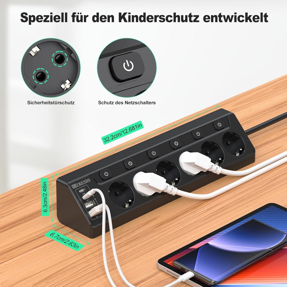 Thijox - Hoekstekkerdoos met 2 USB en 2 Type-C, 6-weg stekkerstrip met individuele schakelaars, 2m verlengkabel voor bureau en hoeken, zwart