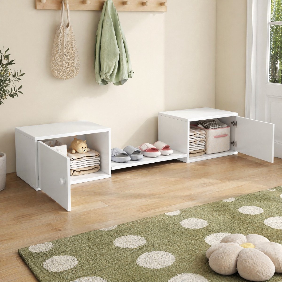 COVREO Schoenenkast 189x40x34,5 cm - wit, MDF en hout, dubbele deuren en open vak