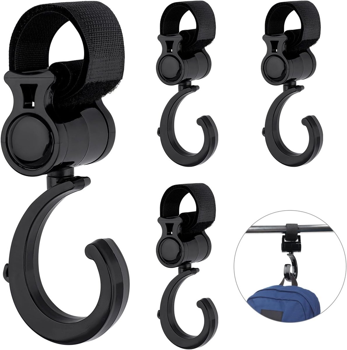 SnelShoppen - 4 Stuks Buggy Clips, 360 Graden Draaibare Haakjes voor Kinderwagens, Rollators, Rolstoelen, Winkelwagentjes, Fietshandvatten, Zwart, Duu