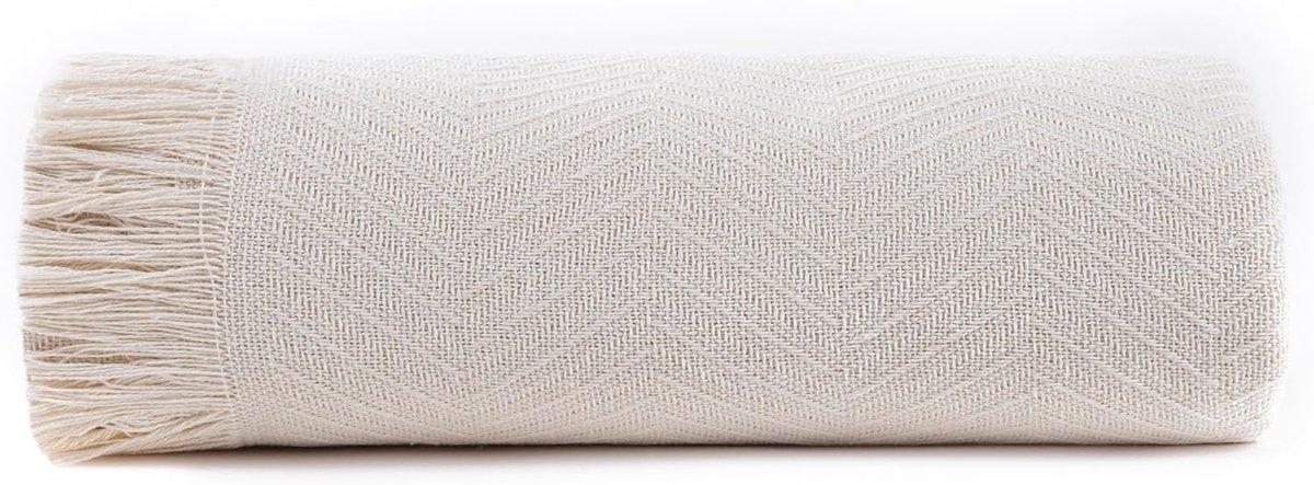 SnelShoppen - Multifunctionele Bedsprei, Sofa Throw, Garapas, Herringbone Patroon, 125 x 180 cm, Crème, 100% Gerecycled Katoen, Ideaal voor Alle Seizo