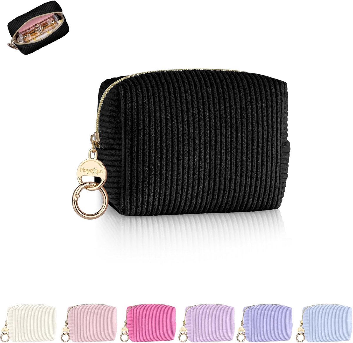 SnelShoppen - Mini Cosmetic Bag Dames Make-up Tas Corduroy Reis Toilettas Zipper Organizer Beige A-Black X-Small
