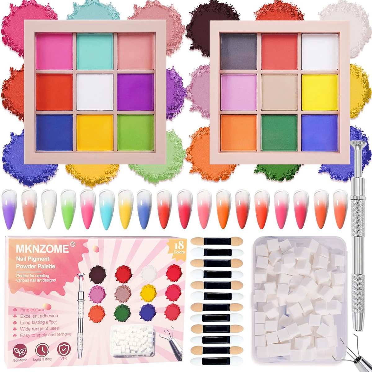 SnelShoppen - 18 Kleuren Nail Powder Set, Gradient Pigment & Chrome Nagelpoeder, 100 Mini Sponsjes voor Ombre Nagelkunst, Perfect voor Feest en DIY