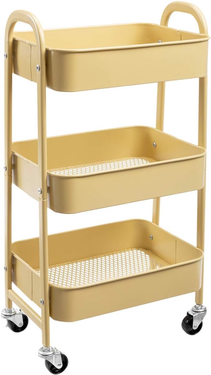 SnelShoppen - 3 Laags Opbergtrolley Met Wielen - Metaal Keuken Trolley - Compacte Opslagwagen Voor Badkamer, Kantoor, Eetkamer - Melon Geel - 40x30x70