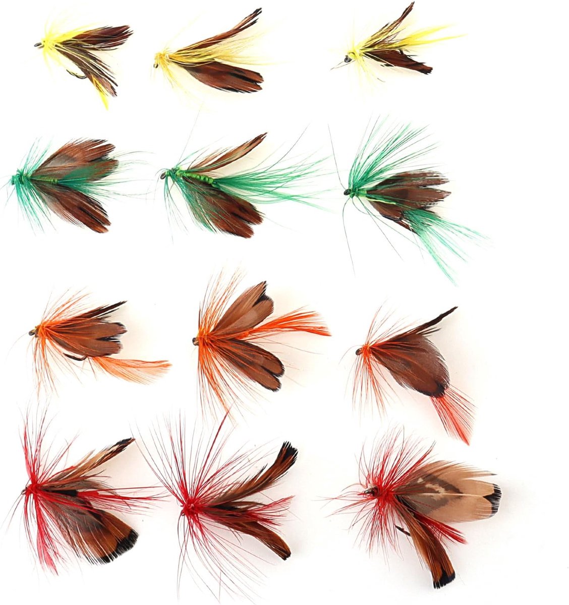 SnelShoppen - 12pcs Vlindervissen - Handgemaakte Vissnoeren voor Baars, Panfish, Forel, Zalm - Levensgetrouwe Vliegvissen met Kleurrijke Veren