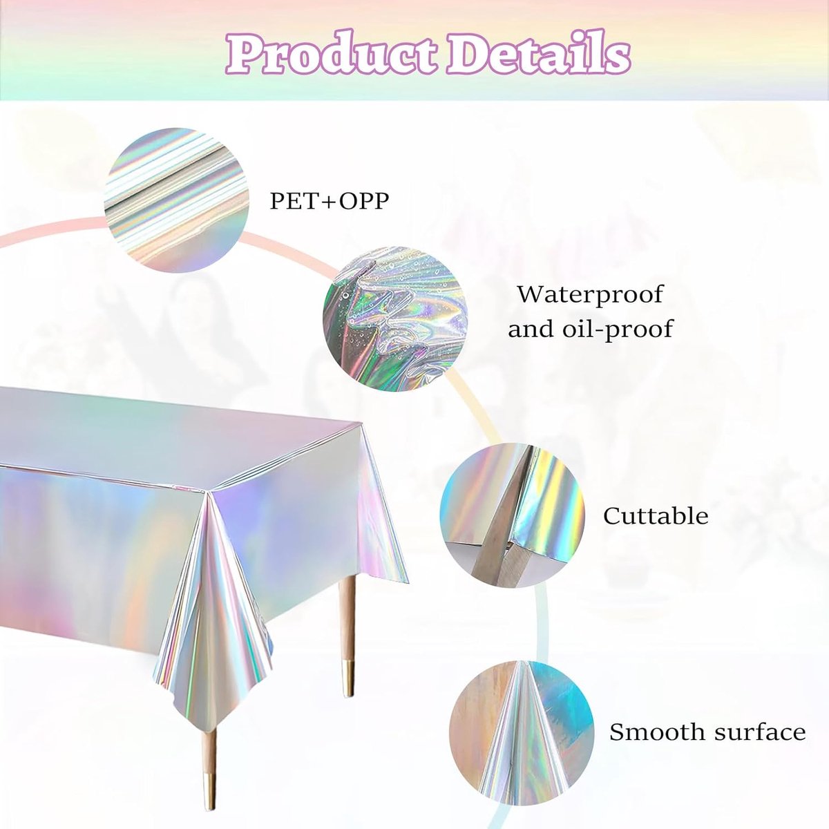 SnelShoppen - Set van 2 Iridescent Tafelkleed - Holografisch Regenboog Motief - Waterdicht en Vlekbestendig - Voor Feest, Verjaardag, Picknick - Zilve