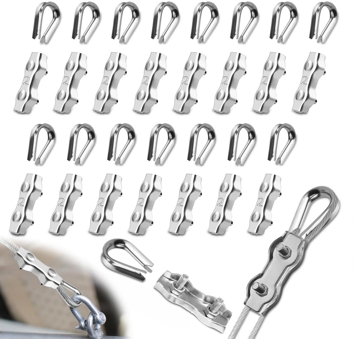 SnelShoppen - 32-delige Kabel Clips Set - 16x 2mm RVS Kabelklemmen en 16x Kabelhoezen - Duurzame Bevestiging voor Stalen Kabels, Kledinglijn, Tenten e