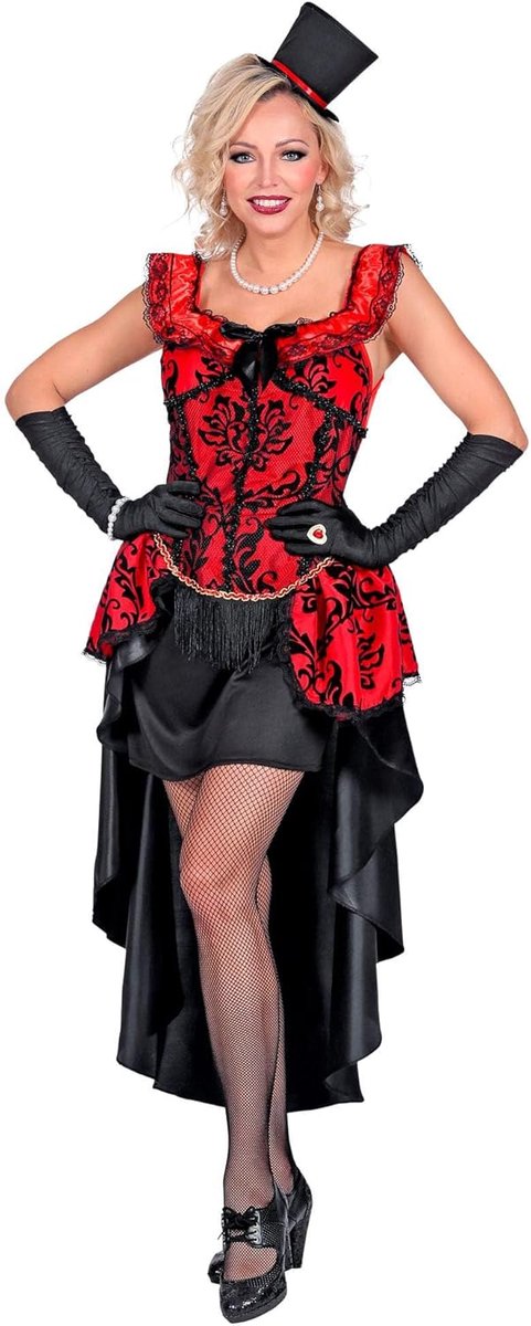 SnelShoppen - Burlesque Kostuum Dames met Rode Top en Zwarte Rok, Inclusief Lange Zwarte Handschoenen voor Carnaval, Feest en Themafeesten - Maat L
