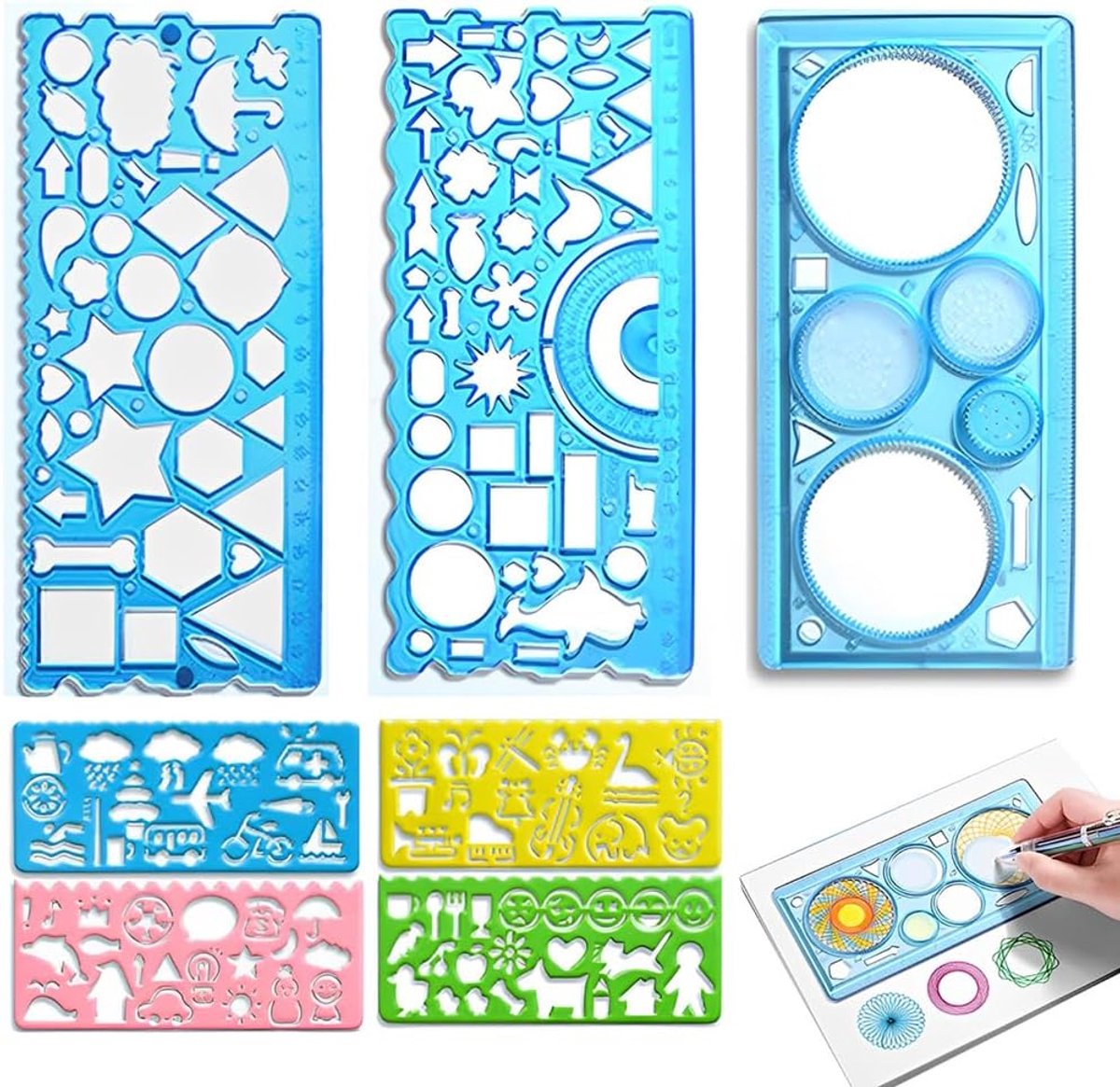 SnelShoppen - 7-delige Multifunctionele Geometrische Liniaal Set, Teken Templates, Wiskundige Tekenhulpmiddelen, School en Kantoor Accessoires in Blau
