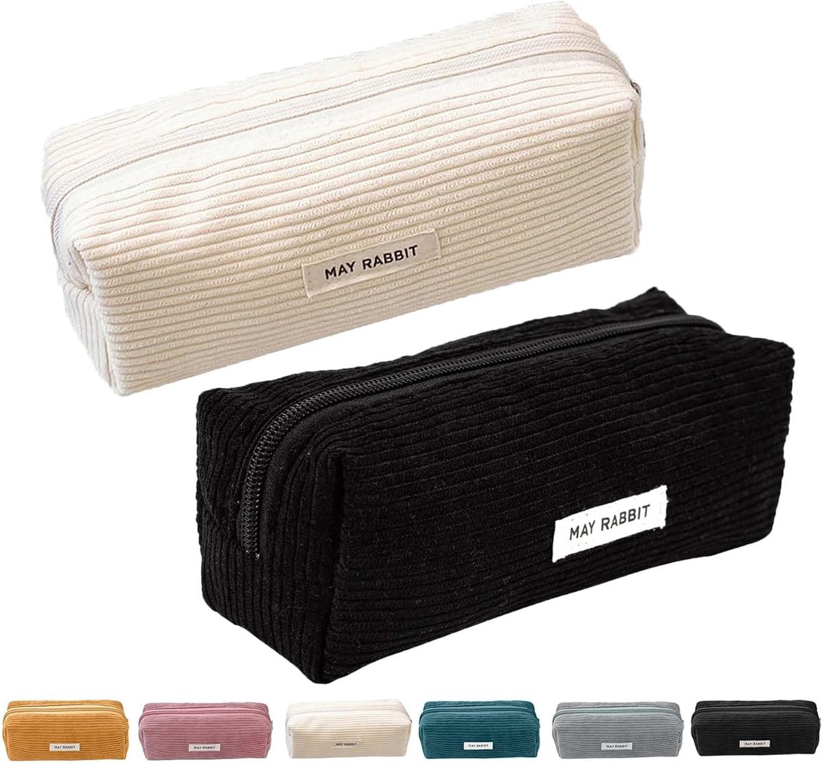 SnelShoppen - Pack van 2 Corduroy Pennenhoes met Rits, Grote Capaciteit, Schoolbenodigdheden voor Kinderen, Zwart + Melk Wit, Perfect voor Jongens en