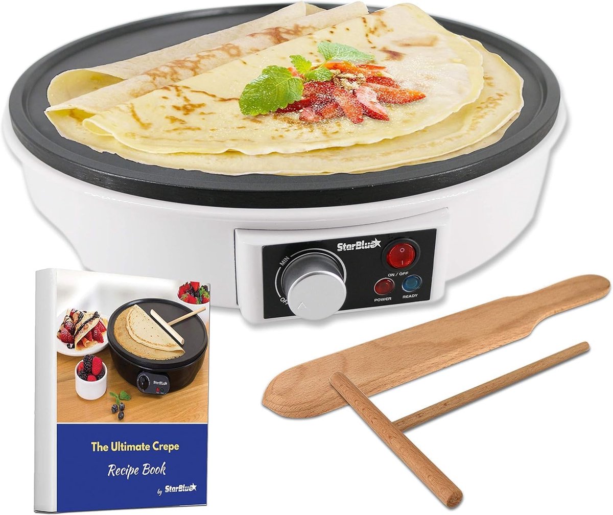 SnelShoppen - 12 Inch Elektrische Pannenkoeken- en Crêpe Maker met Gratis E-Book en Houten Spatel - 220-240V 1000W, Perfect voor Keuken en Feesten