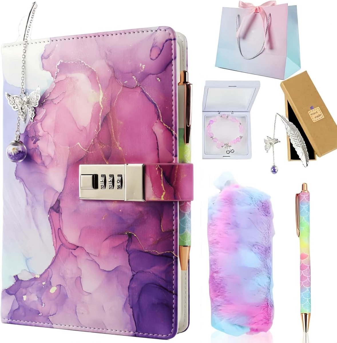 SnelShoppen - MHwan Dagboek Meisjes Met Glitterpen, Armband, Boekenlegger en Pennenetui - Perfect Cadeau voor Kinderen, Feest, Creatieve Activiteiten