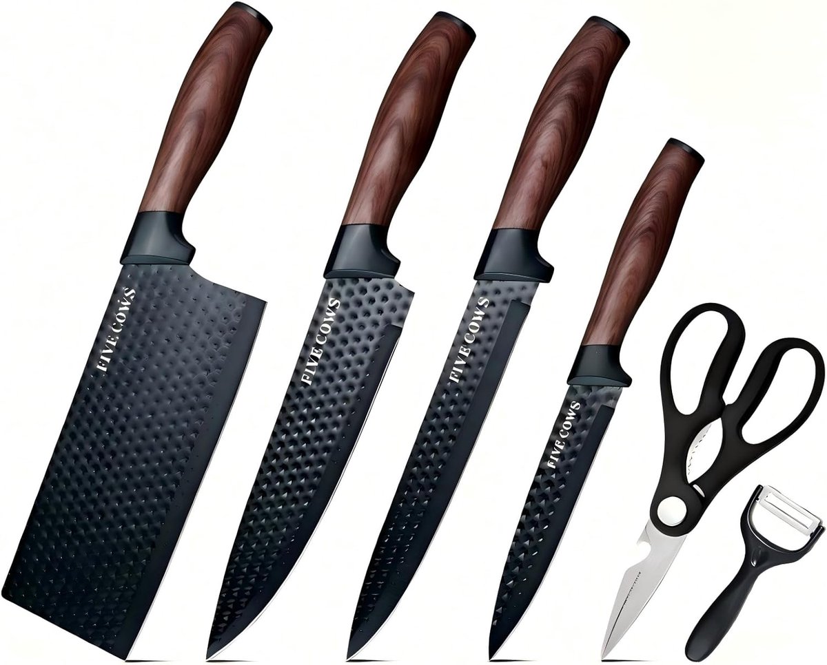 SnelShoppen - 6-delige keukenmessenset met professionele chef's mes, vleesmes, schilmes, keukenschaar en schiller - RVS, scherp, perfect voor fruit en