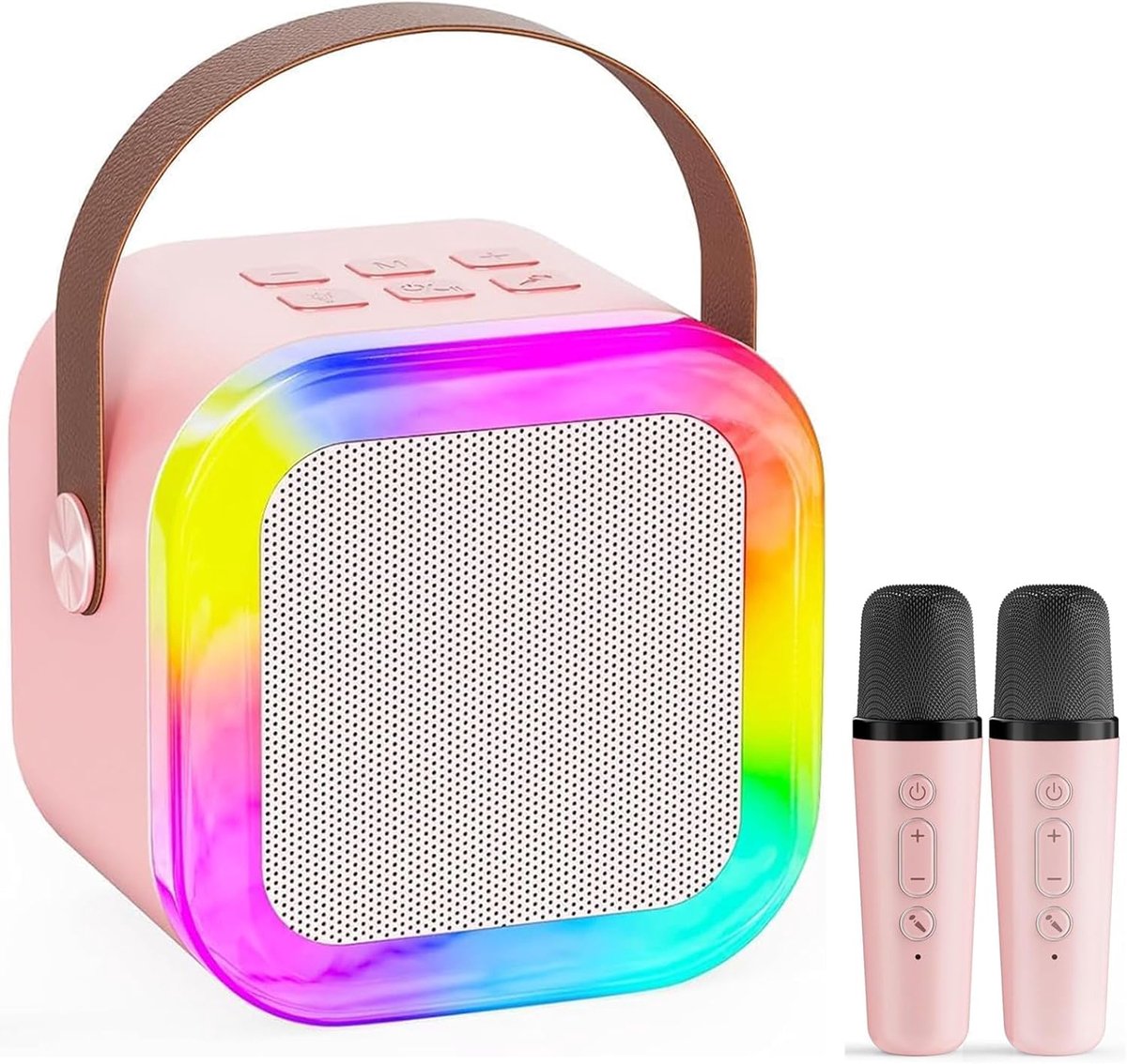 SnelShoppen - Karaoke Machine met 2 Draadloze Microfoons - Bluetooth 5.0 Speaker, 360° Surround Sound, Kleurrijke LED Lichten, Draagbaar voor Feest, T