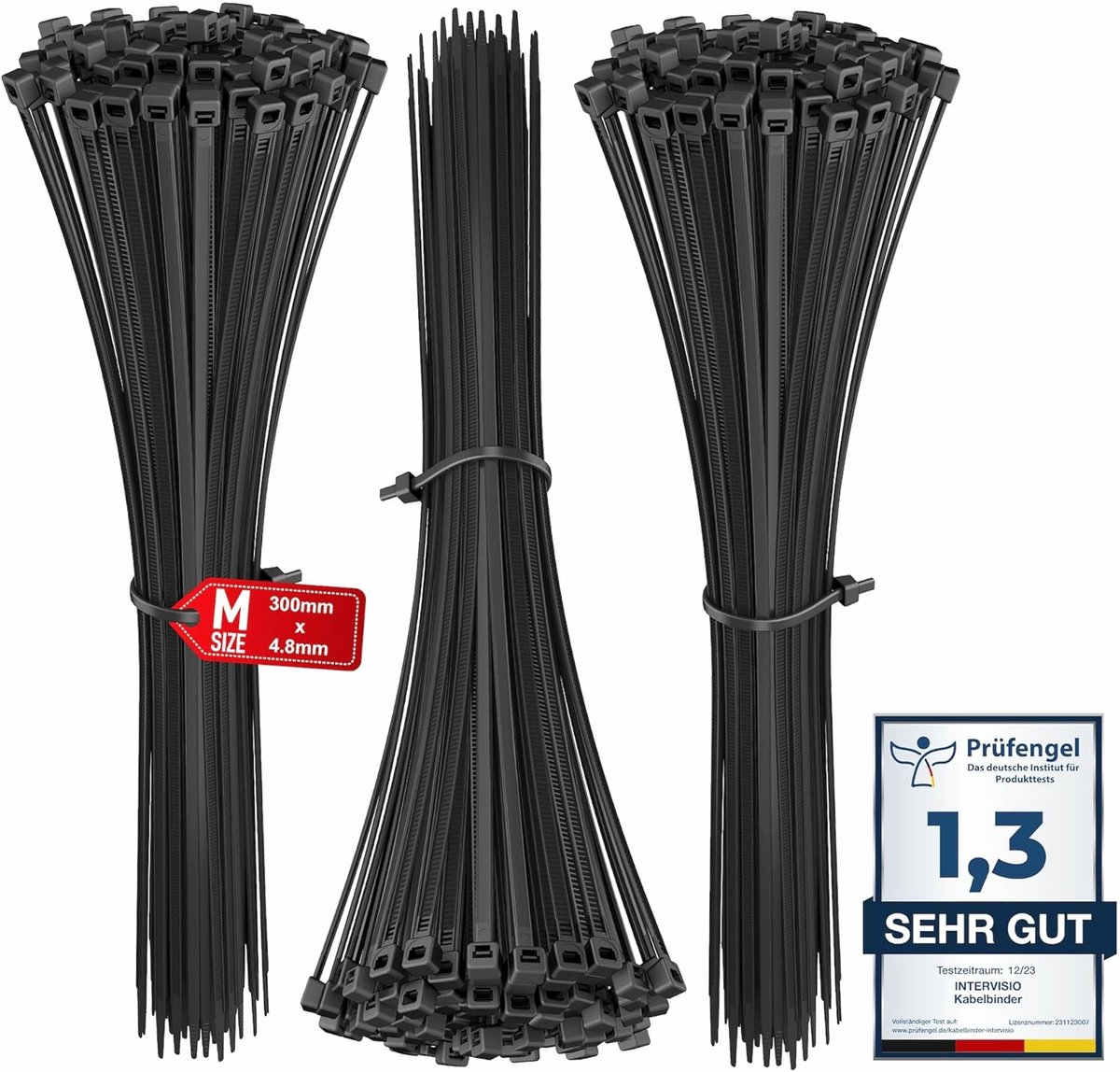 SnelShoppen - Kabelbinders 300mm x 4.8mm Zwart - Premium Plastic Tie Wraps, 300 Stuks, Sterke Nylon Bundelriemen voor Thuis en Buiten