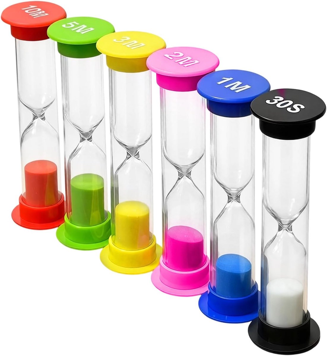 SnelShoppen - Hourglass Set voor Kinderen, 6-Piece Zandloper Set met 30 Sec, 1, 2, 3, 5 en 10 Minuten, Tijdmanagement voor Spel, Leren, Huishoudelijke