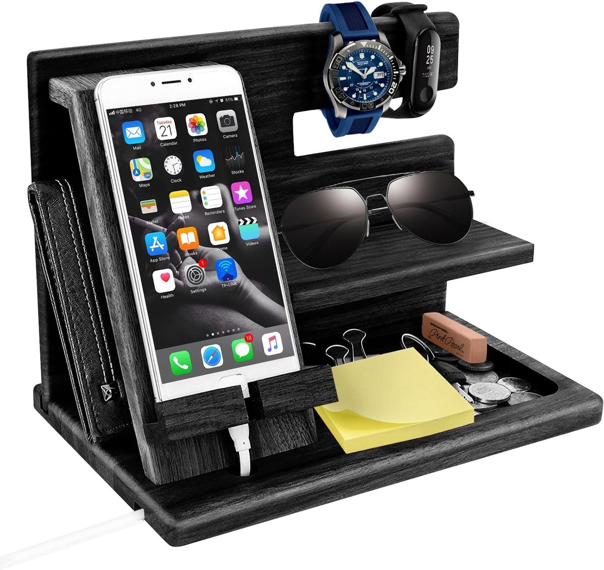 SnelShoppen - Houten Docking Station Organizer voor Mannen - Bedside Organizer, Gadget voor Vader, Echtgenoot, Verjaardagscadeau, Kerst, Kantoor, Mult