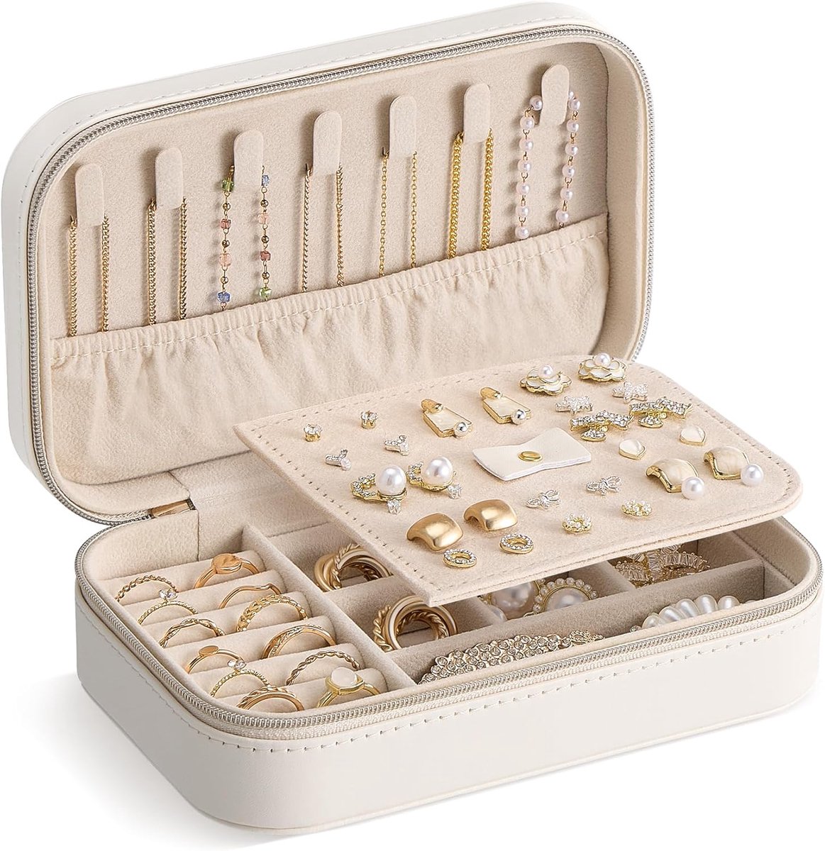 SnelShoppen - Travel Jewelry Case voor Dames Meisjes PU Leer Sieraden Organizer met Duidelijke Opbergzak, Compacte Reisjuwelendoos voor Ketting Armban