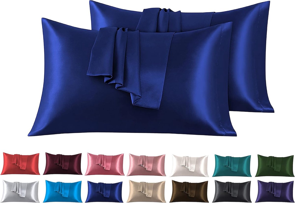 SnelShoppen - Set van 2 Satin Kussenslopen 45 x 70 cm Donkerblauw, Zacht en Comfortabel, Met Pocket Sluiting, Anti-Mijt en Hypoallergene Bescherming v