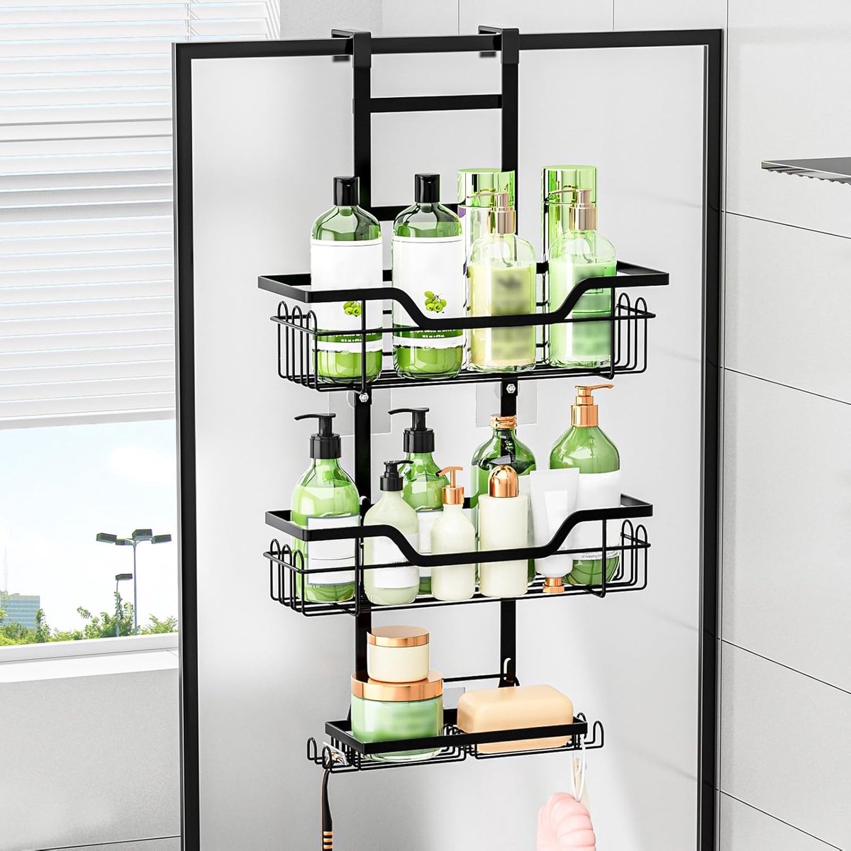 SnelShoppen - RVS Doucheplank voor Hangend Gebruik, Douchemand voor Glazen Deuren, Shampoohouder, Badkamer Organizer, Geen Boren, Zwart, 4.5cm Geschik