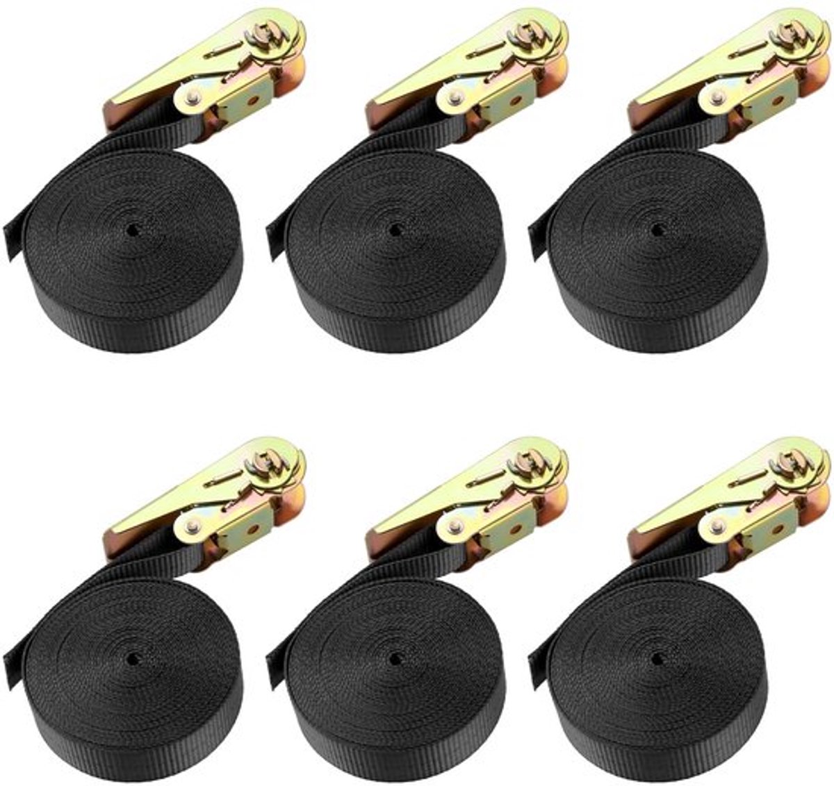 Spanbanden met Ratel 6 m x 25 mm - 6 Stuks - Belastbaarheid 800 kg - Sjorbanden - Professionele Ratelriemen - Roestvrij Staal