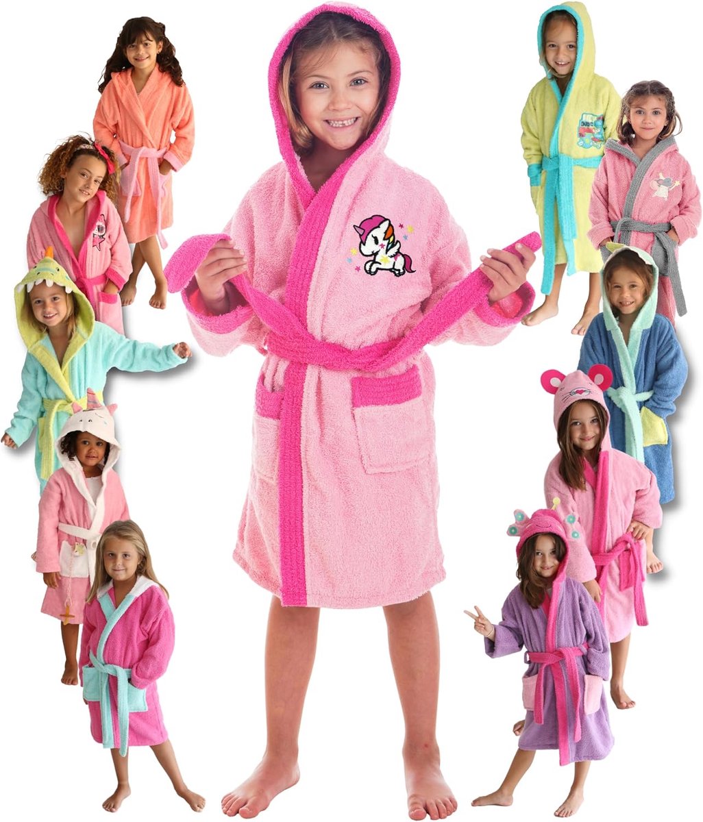 SnelShoppen - Kinderbadjas voor Meisjes, 100% Katoen, Pluche, Oeko-Tex, Met 2 Zakjes, Ceintuur, Capuchon, Zeer Zacht, Voor Jongens en Meisjes