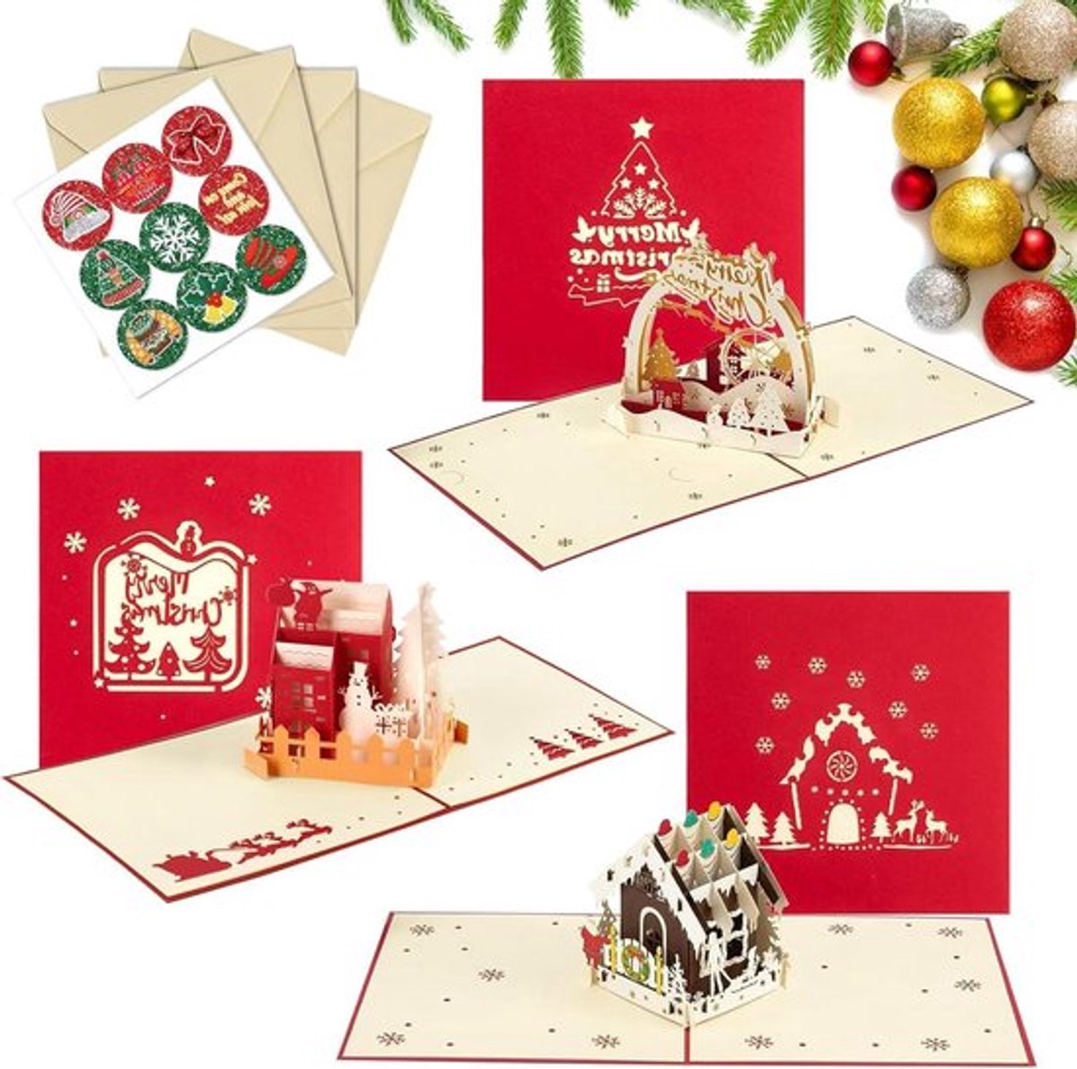 3D Kerstkaart Pop-up met Stickers - Originele Kerstkaart - Vrolijk Kerstfeest - Kerstcadeaukaart met Envelop