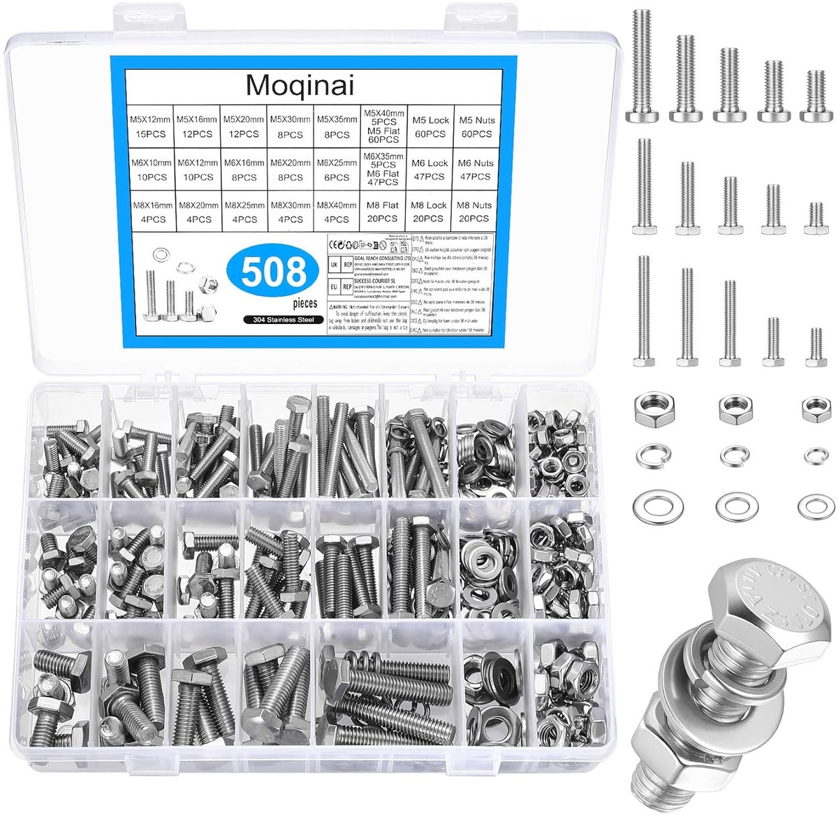 SnelShoppen - 508 Delen M5 M6 M8 RVS Hex Socket Schroeven Moeren Assortiment Set met Ringen - Duurzaam, Corrosiebestendig, Voor Diverse Klussen