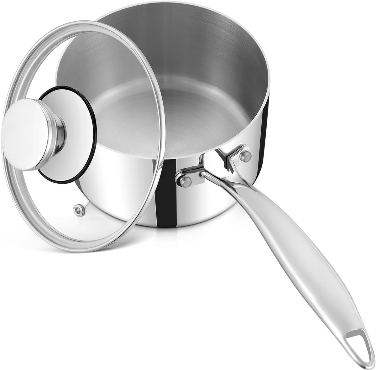 SnelShoppen - Saucepan 14 cm - 3-laags RVS Melkpan/Cookpan voor Alle Hobs inclusief Inductie, 1.4L met Glazen Deksel, Gezond en Vaatwasserbestendig