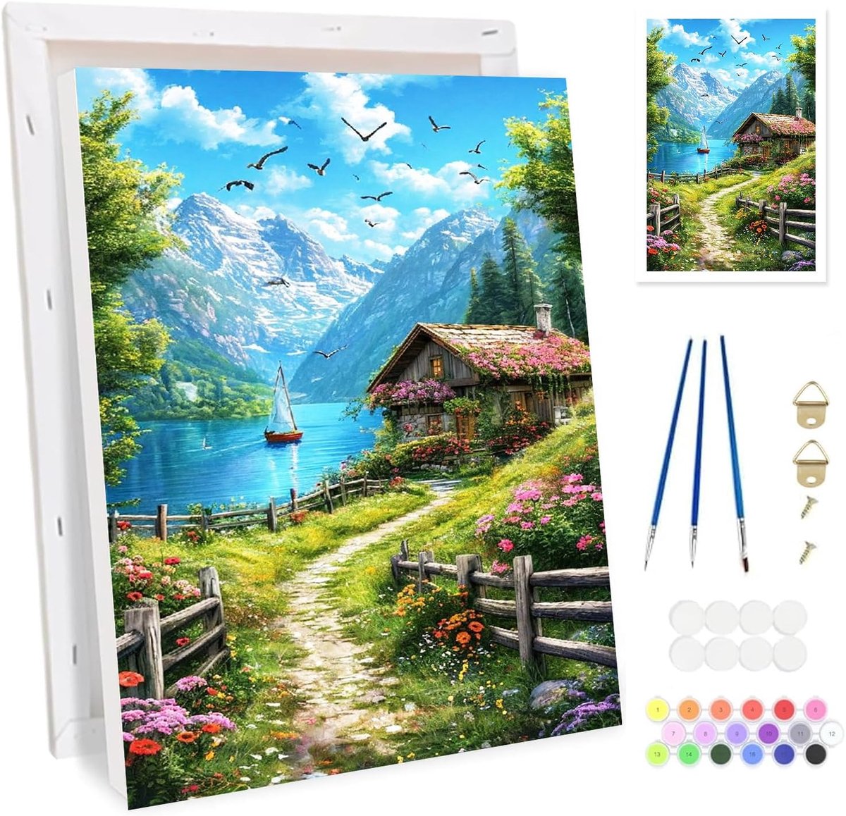 SnelShoppen - Paint by Numbers Kit voor Volwassenen - Schilderen op Nummeren met Lijst - Bergdorp Schilderij - DIY Acrylverf Set voor Beginners - Crea