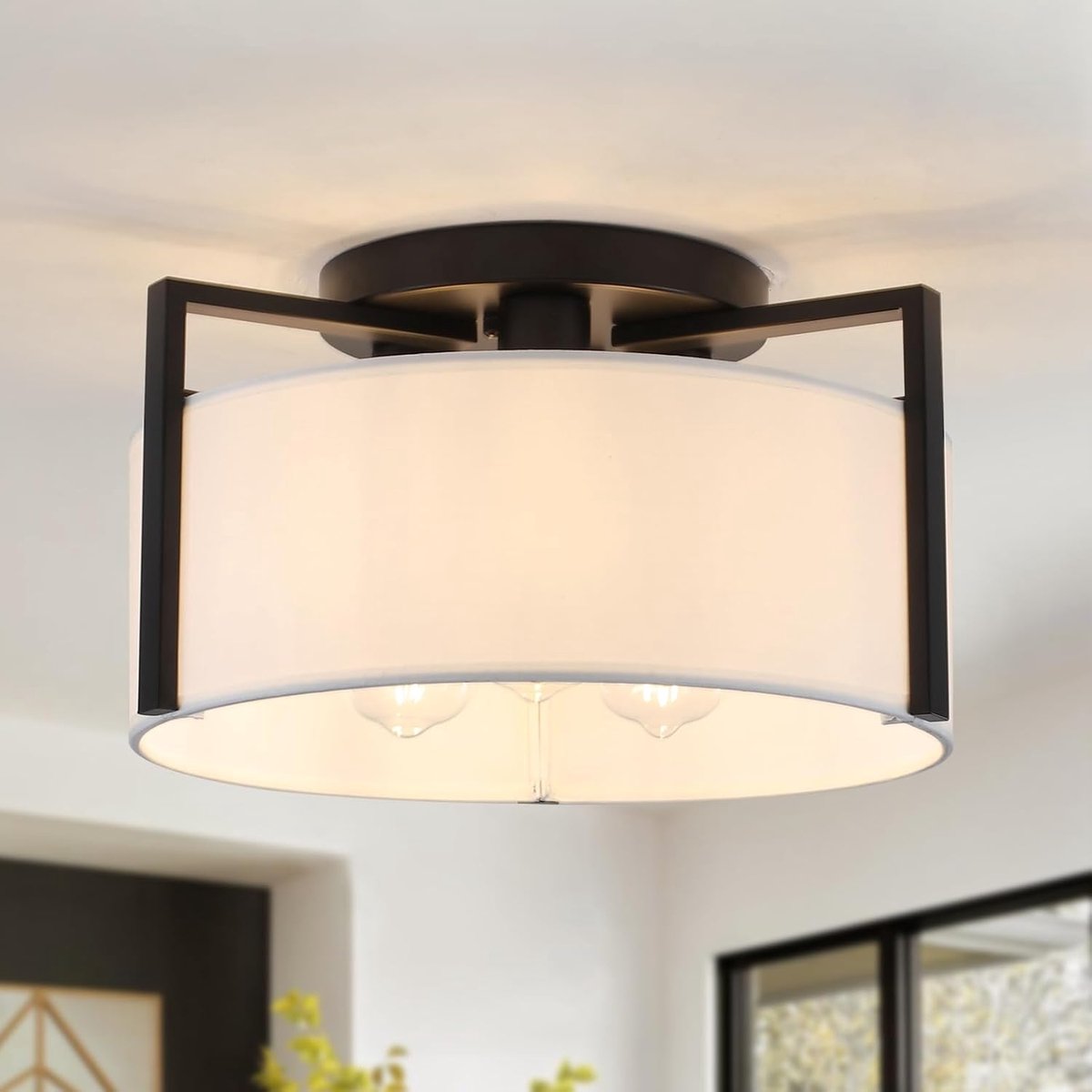 SnelShoppen - Zwarte Inbouw Plafondlampen voor de Woonkamer, Moderne Stoffen Kap, 3 E27 Lampen, Industriële Verlichting voor Slechte Ruimtes
