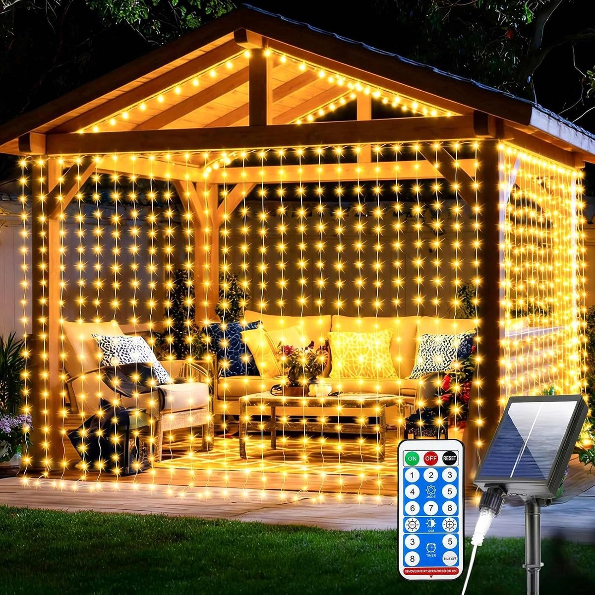 SnelShoppen - Solar Fairy Lights Buiten 3x3m 300 LED Lichtgordijn met Afstandsbediening 8 Modus Waterval Sfeerverlichting voor Tuin, Balkon, Bruiloft,