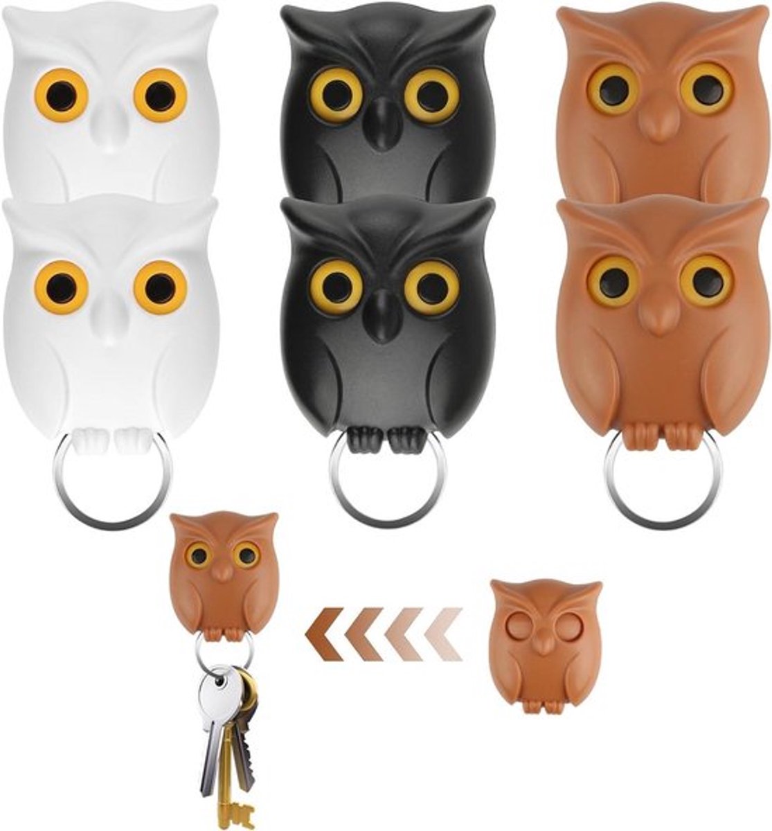 Sleutelhouder voor wand met Eulen design - set van 6 haken - nachtuil thema - automatisch openen en sluiten - praktische sleutelstrip voor thuis