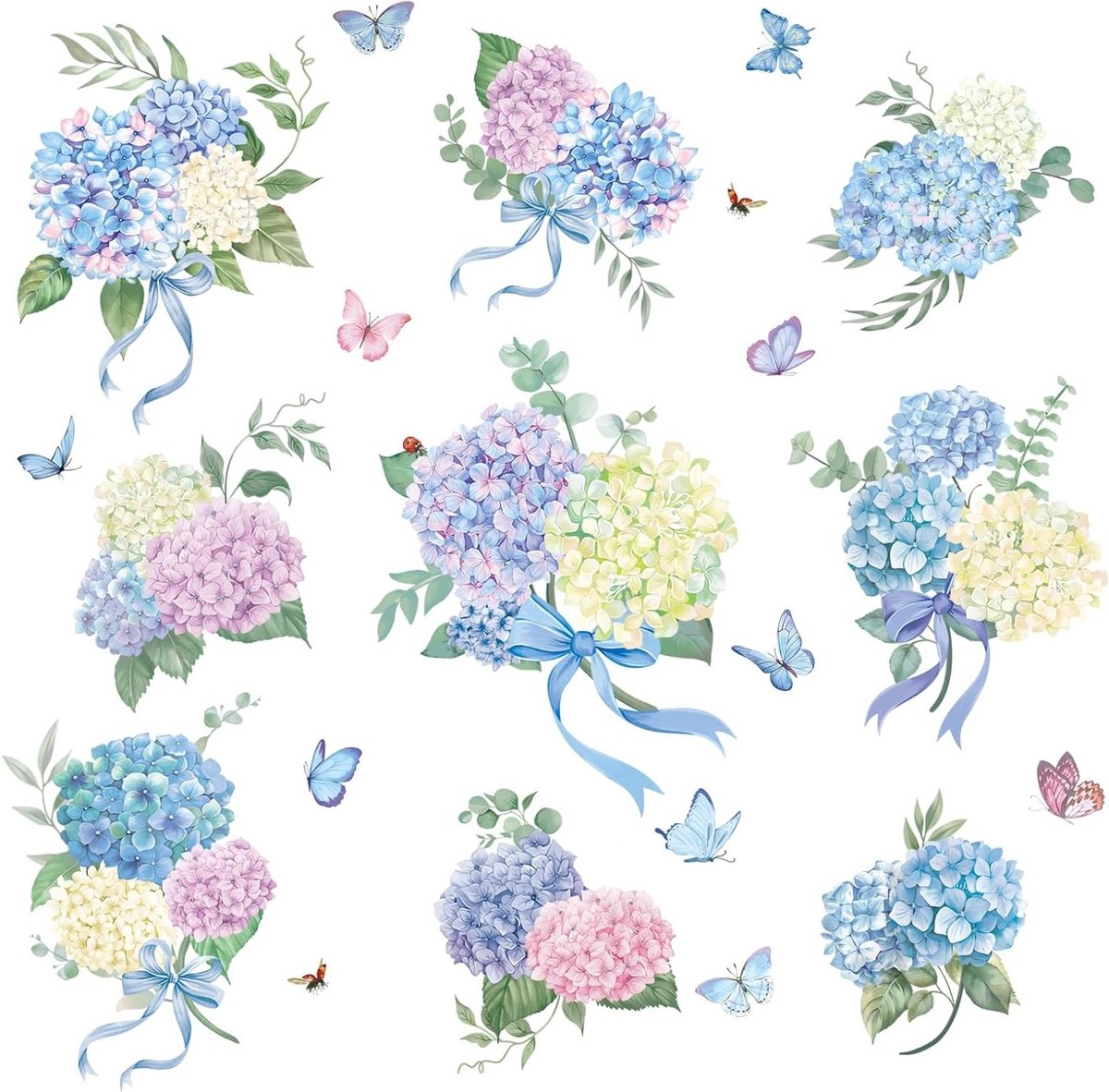 Mooie Waterverf Bloemen Muurstickers - Verwijderbare Hortensia Wanddecoratie voor Slaapkamer, Kinderkamer en Woonkamer